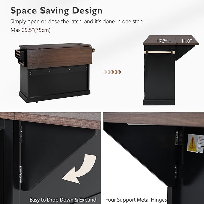 54.9" Kitchen Island with Drop Leaf and Drawers, Rolling Kitchen Cart with Shelves and Storage Cabinet, Kitchen Prep Table on Wheels with Power Outlet and Cross Barn Doors & Visual Glass Door Black