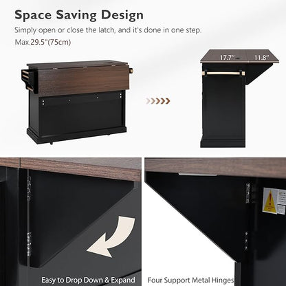 54.9" Kitchen Island with Drop Leaf and Drawers, Rolling Kitchen Cart with Shelves and Storage Cabinet, Kitchen Prep Table on Wheels with Power Outlet and Cross Barn Doors & Visual Glass Door Black