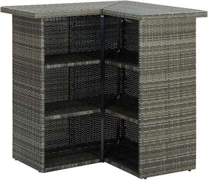 Gray Corner Bar Table 19.7 x 39.4 x 41.3 in Matte Poly Rattan & Steel 3 Tier Storage Shelf Modern Indoor Outdoor Small Dining Table for Kitchen Patio Bistro