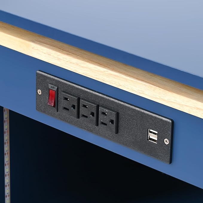RUNNA Rolling Kitchen Island with Extended Table,Kitchen Island on Wheels with LED Lights,Power Outlets and 2 Fluted Glass Doors, with a Storage Compartment and Side 3 Open Shelves (Navy Blue~018)