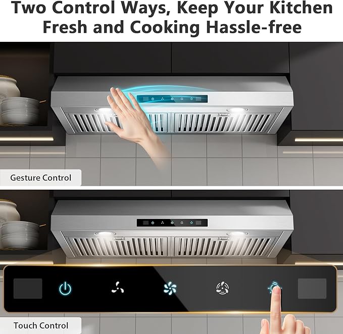Range Hood 30 inch Under Cabinet, 800 CFM Stainless Steel Range Hood with Gesture and Touch Control, kitchen hood with Carbon Filter, 3 Fan Speed, Ducted/Ductless Convertible