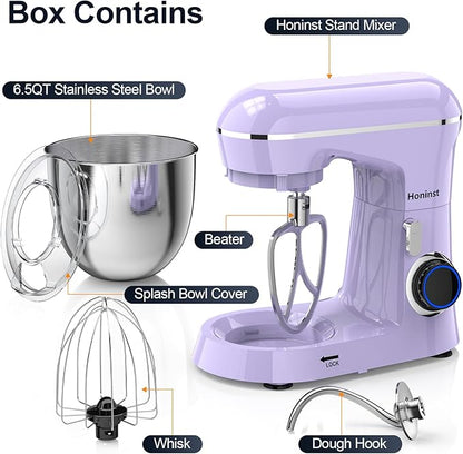 Honinst Stand Mixer, 6.5QT 10-Speed Tilt-Head Electric Stand Mixer, 3-In-1 Kitchen Mixer with Bowl, Dough Hook, Whisk and Beater, Food Mixer for Baking, Cake and Most Home Cooks, Purple