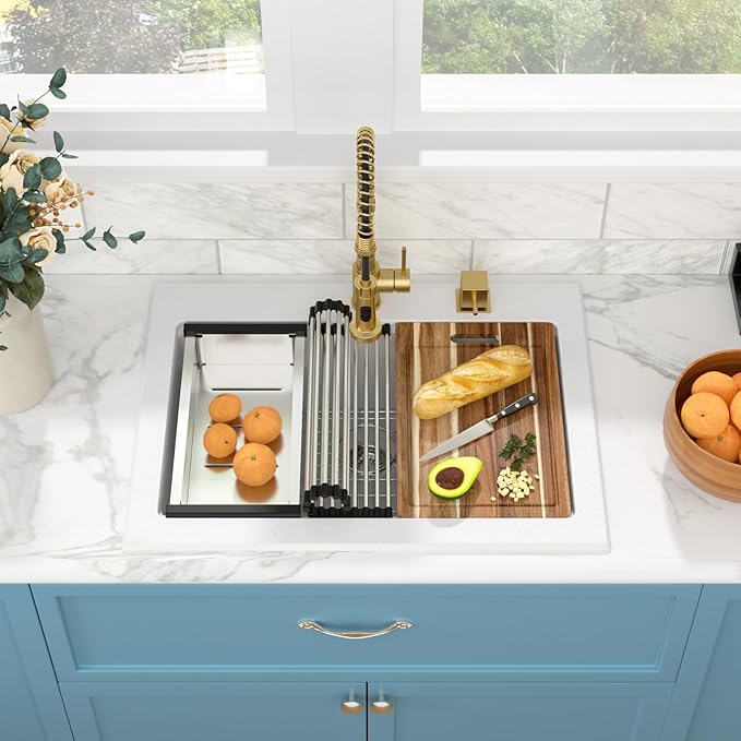 Sarlai Granite Composite Kitchen Sink - 30"x22" Drop In Kitchen Sink 30 Inch Ledge Workstation White Granite Quartz Composite Top-Mount Single Bowl Sinks Basin with Accessories
