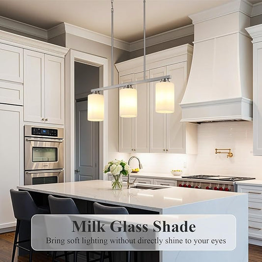 Mecgirn Island Light for Kitchen, Brushed Nickel Dining Room Light Fixture Over Table with Milk Glass Shade, 3-Light Linear Chandelier Pendant Lighting for Dining Table Kitchen Island Living Room