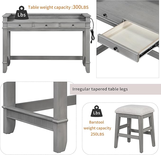 4-Piece Counter High Bar Table Set with Drawers & Charging Station,Counter Height Dining Table Set with Rectangle Table & 3 Upholstered Chairs,Dinette sets for Breakfast Nook,Small Place,Light Grey
