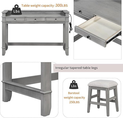 4-Piece Counter High Bar Table Set with Drawers & Charging Station,Counter Height Dining Table Set with Rectangle Table & 3 Upholstered Chairs,Dinette sets for Breakfast Nook,Small Place,Light Grey