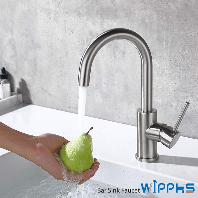 Bar Faucets Single Hole, WiPPhs Brushed Nickel Mini Kitchen Sink Faucets, Single Handle Stainless Steel Modern Sink Faucets 1 Hole, Faucet for Bar Sink