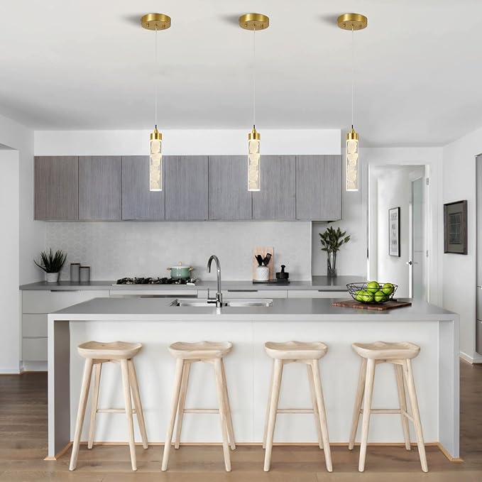 Pendant Lights Kitchen Island, Modern Mini Pendant Light Fixtures with Crystal Stone, Dimmable LED Chandelier, Gold Hanging Light Fixture for Dining Room Hallway, 3000K/4000K/5000K Adjustable, ETL