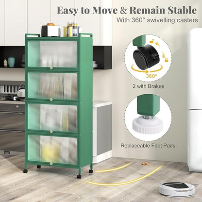 Giantex 5-Tier Kitchen Storage Cabinet, Mobile Microwave Stand with Flip-up PC Doors, Freestanding Kitchen Bakers Rack with 4 Rolling Casters, for Dining Room, Living Room and Study, Green