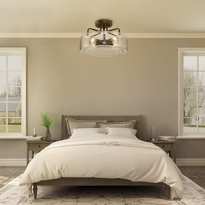 LOG BARN Semi Flush Mount Ceiling Light with Seeded Glass Shade for Living Room, Bedroom, Kitchen, Hallway, W12 x H8, Black