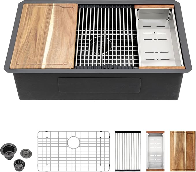 30 Inch Black Undermount Kitchen Sink Workstation- Couoko Matte Black 16 Gauge T304 Stainless Steel Single Bowl Undermount Sinks NANO PVD Large Deep Handmade Round Corner Sinks Basin 30"x19"x9"