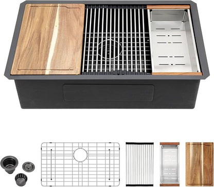 30 Inch Black Undermount Kitchen Sink Workstation- Couoko Matte Black 16 Gauge T304 Stainless Steel Single Bowl Undermount Sinks NANO PVD Large Deep Handmade Round Corner Sinks Basin 30"x19"x9"