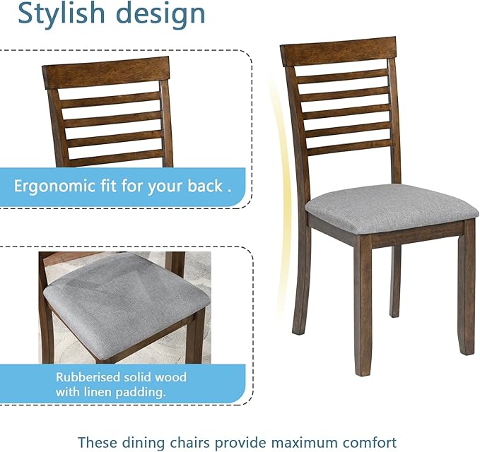 5-Piece Solid Wood Dining Table Set with 4 Upholstered Chairs, Rectangular Kitchen Table Set for 4, Modern Dining Room Table and Chairs Set of 4 for Kitchen and Dining, Walnut