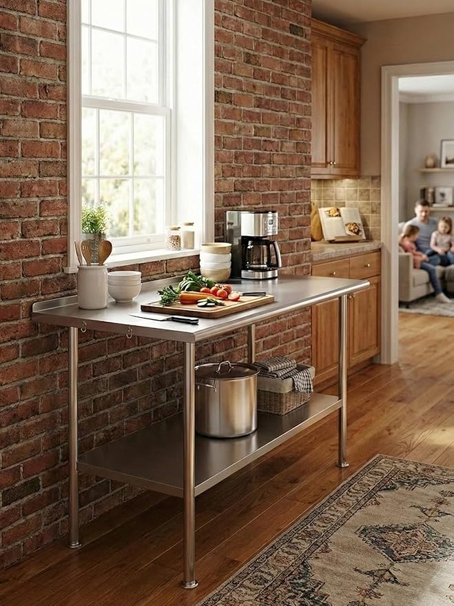 Atelicf All-Stainless Steel Prep Table, 30 X 48 Inch, with Rounded-Corner Backsplash and Adjustable Undershelf, Heavy-Duty for Outdoor Use,Restaurants,Hotels,Workshops,Kitchens,Gardens, and Garages