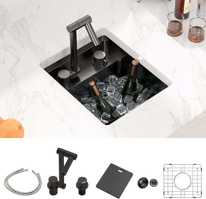 Sarlai Black Undermount Bar Sink With Foldable Faucet - 13x15 Inch Outdoor Black Kitchen Sink RV Workstation 16 Gauge Stainless Steel Single Bowl Handmade Outdoor BBQ Sinks with Lid