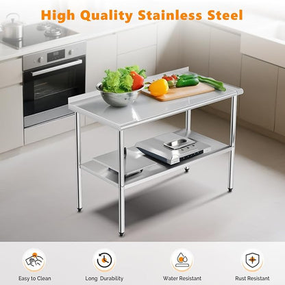 ROVSUN 48'' x 24'' Stainless Steel Table for Prep & Work,Commercial Worktables & Workstations, NSF Heavy Dut Metal Table with Adjustable UnderShelf & Backsplash for Kitchen,Restaurant,Home,Hotel