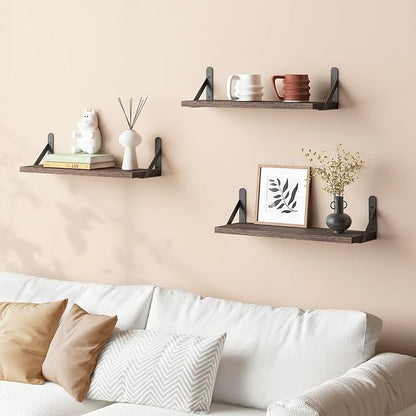 YGEOMER Brown Floating Shelves for Wall, 16.5 Inch Farmhouse Wall Shelves for Bedroom, Bathroom Storage, Living Room and Kitchen Decor (Set of 6 Brown)