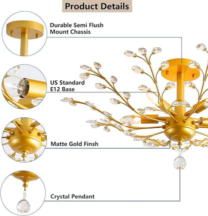 Modern 5 Light Small Crystal Chandelier 30 Inch Gold Semi Flush Mount Ceiling Light Fixture for Kitchen Dining Room Bedroom Entryway Living Room Hallway, E12