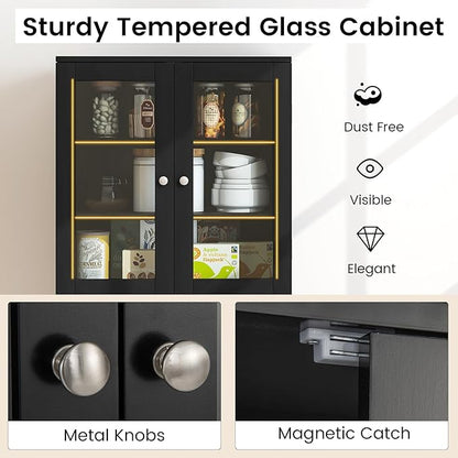 Giantex Pantry Organizers and Storage, 63.5” Tall Kitchen Cabinet, Food Buffet Cupboard with Glass Doors, Shelves with Baffle, Wooden Freestanding Sideboard for Dining Room Living Room (Black)
