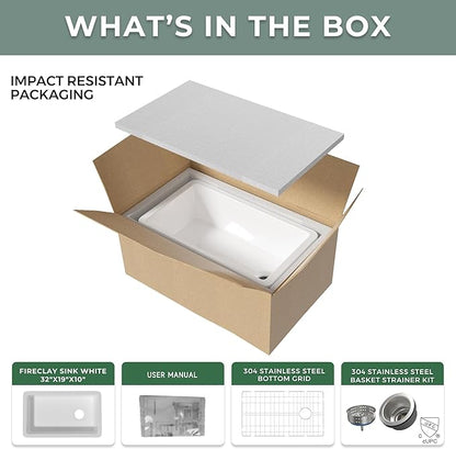 Offset Drain White Fireclay Undermount Kitchen Sink 32 Inch, Large Topmount White Undermount Sink 32''x19''x10'' Drop In, Deep Single Bowl Heavy Duty, Dual Mount, for Kitchen, Island