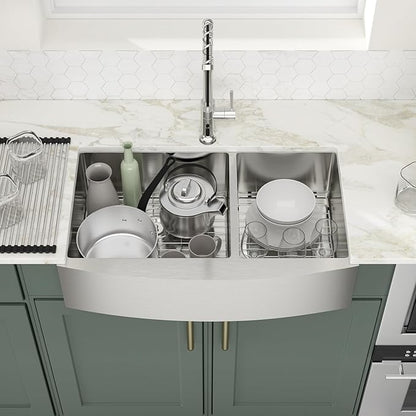 Logmey 33 Inch Farmhouse Sink 60/40 Double Bowl Kitchen Sink Apon Front Sink 16 Gauge 304 Stainless Steel Farm Sinks 33x20x9