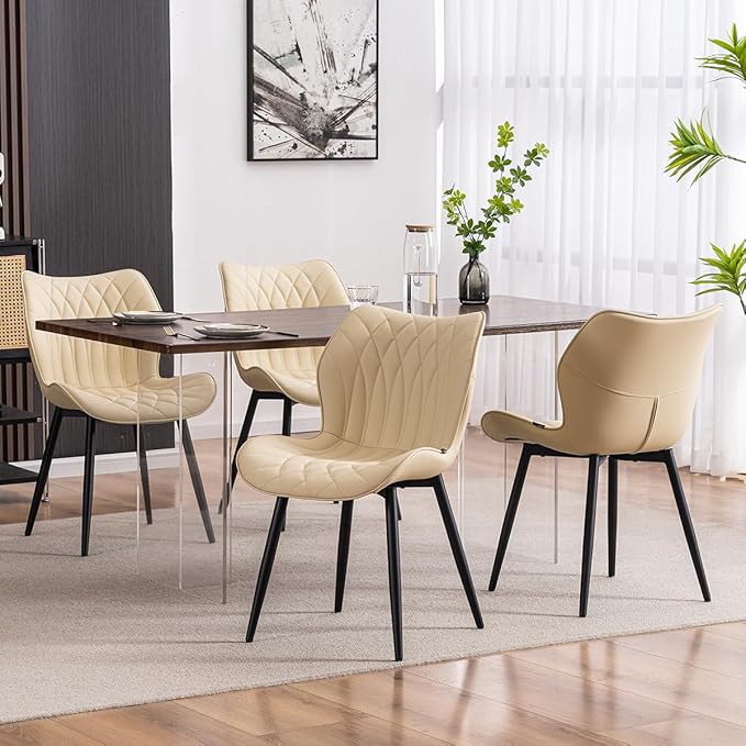 Kidol & Shellder Dining Chairs Set of 2, PU Leather Upholstered Kitchen Chairs with Back Armless, Mid Century Modern Side Chair for Dining Room, Living Room, Lounge, Restaurant, Beige