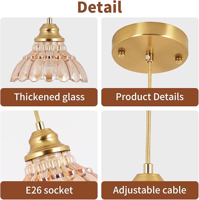 Vintage Pendant Lights Kitchen Island,Gold Pendant Light with Amber Glass Lampshade,Adjustable Hanging Light Fixture for Dining Room,Mini Chandeliers for Kitchen,Bedroom,Bathroom,Hallway