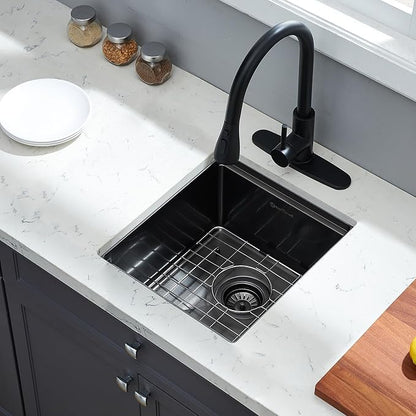 Undermount Kitchen Sink, 15 x 17 x 10 Inch Bar Sink 16 Gauge Gunmetal Black Stainless Steel Small Sink Kitchen Single Bowl Workstation with Cutting Board