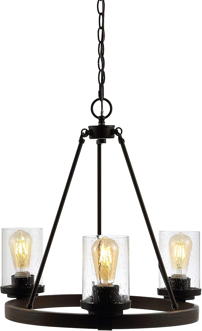 JONATHAN Y 20" Oil Rubbed Bronze 3-Light Rustic Farmhouse LED Chandelier, Round Metal Wagon Wheel Pendant Lighting for Dining Room Kitchen with Seeded Glass Shade JYL7511A