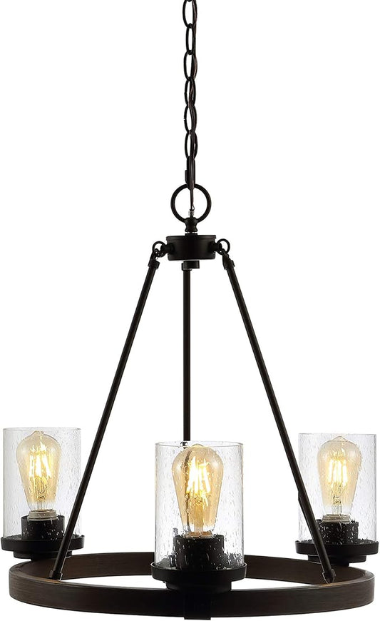 JONATHAN Y 20" Oil Rubbed Bronze 3-Light Rustic Farmhouse LED Chandelier, Round Metal Wagon Wheel Pendant Lighting for Dining Room Kitchen with Seeded Glass Shade JYL7511A