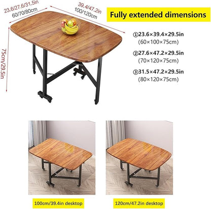 Multifunction Table Drop Leaf Dining Table 47.2×27.6/31.5×29.5in Wooden Foldable Kitchen Table with 6 Wheels (Brown) Folding Kitchen Table with Solid Wood Legs, Farmhouse Extendable Table for 8 People