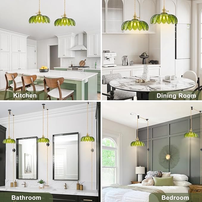 Plug in Pendant Light Fixtures, Hanging Light Fixture Glass Pendant Light, Vintage Green Hanging Lamp, Pendant Lighting for Kitchen Island, Bedroom, Dining Room, Living Room