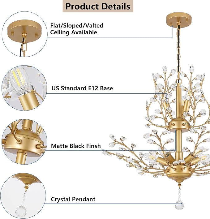 Gold Crystal Chandelier, Farmhouse 8-Light Large Branch Pendant Light with Adjustable Chain, 2-Tier Vintage Flower Ceiling Hanging Chandelier for Dining Room, Living Room, Kitchen, Hallway