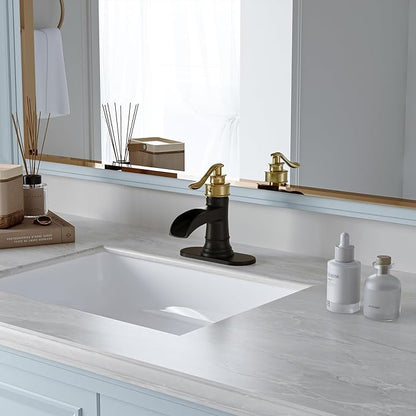 BWE Bathroom Sink Faucet Gold with Matte Black Waterfall Farmhouse Vanity Lavatory Single Hole Faucets One Handle Bath Antique Mixer with Water Supply Line