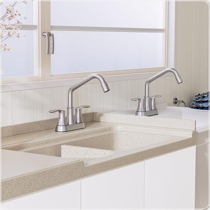 Phiestina Brushed Nickel Utility Sink Faucet 3 Hole, Laundry Sink Faucet with Pull Out Sprayer, Long Spout Dual Handle Modern Bathroom Faucet, 4 Inch CenterSet Room Sink Faucets, LF36CL-2M-BN