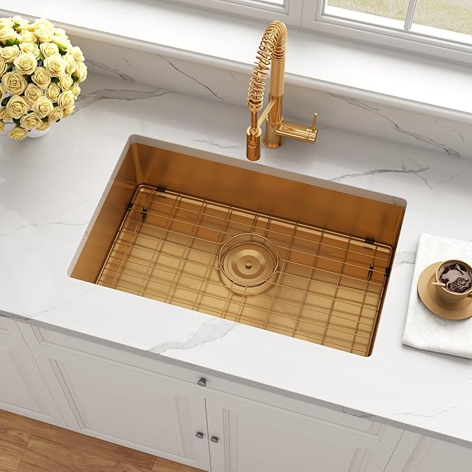 Kitsitchen Gold RV Kitchen Sink 25 Inch,18 Gauge Stainless Steel Single Bowl Gold Undermount Kitchen Sink, 7 Inch Depth RV Sinks with Strainer & Bottom Gird, Outdoor Camper Prep Sinks(25" x 16" x 7")