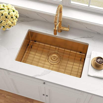 Kitsitchen Gold RV Kitchen Sink 25 Inch,18 Gauge Stainless Steel Single Bowl Gold Undermount Kitchen Sink, 7 Inch Depth RV Sinks with Strainer & Bottom Gird, Outdoor Camper Prep Sinks(25" x 16" x 7")