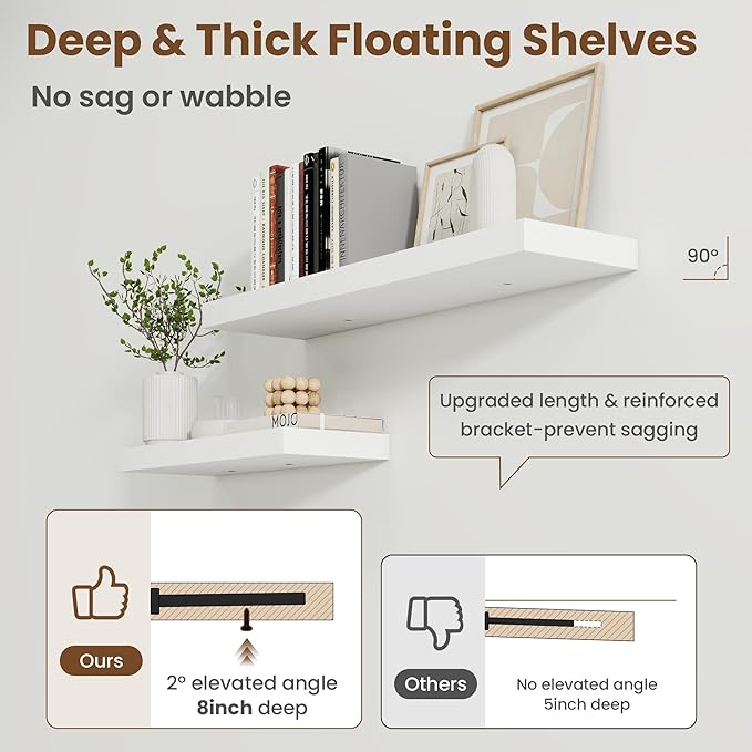 30 Inch Floating Shelves for Wall, 8 Inch Deep Floating Shelf for Storage & Display, Rustic Wall Mounted Shelf with Invisible Brackets for Living Room, Kitchen, Bathroom, Home Decor, Set of 2, White