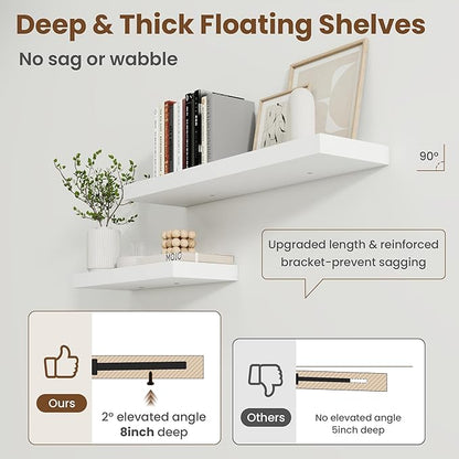 30 Inch Floating Shelves for Wall, 8 Inch Deep Floating Shelf for Storage & Display, Rustic Wall Mounted Shelf with Invisible Brackets for Living Room, Kitchen, Bathroom, Home Decor, Set of 2, White