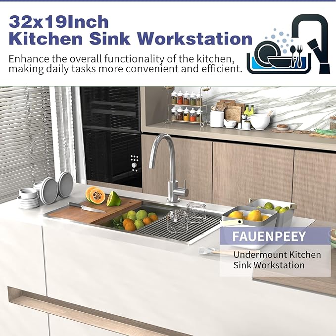 Kitchen Sink Workstation,32"x19" Stainless Steel Undermount Single Bowl Sink Built-in Ledge Drop In Workstation Sink Design For Placing/Sliding Accessories-Cutting Board,Drying Rack,Colander