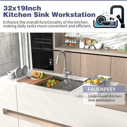 Kitchen Sink Workstation,32"x19" Stainless Steel Undermount Single Bowl Sink Built-in Ledge Drop In Workstation Sink Design For Placing/Sliding Accessories-Cutting Board,Drying Rack,Colander