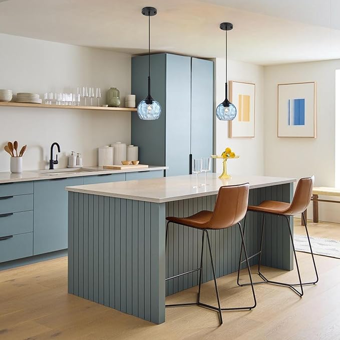 JHLBYL Glass Pendant Lights Kitchen Island: 5.91'' 1-Light Blue Hammered Glass Pendant Light with Black Finish - Modern Minimalist Hanging Light Fixture for Kitchen Sink Dining Room - E26 Base