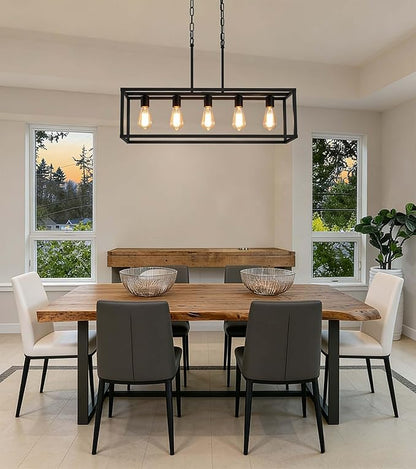 Black Dining Room Light Fixture,5 Light Rectangle Chandelier for Dining Room,Modern Farmhouse Light Fixture for Kitchen Island,Linear Light for Bedroom,Hallway,Foyer,Adjustable Height