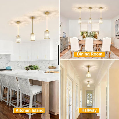 Gold Pendant Light Kitchen Island, Modern Crystal Kitchen Island Lighting, 1-Light Hexagonal Kitchen Hanging Lights for Island, Dining Room, Hallway, Foyer, Entryways