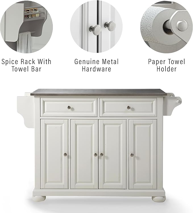 Crosley Furniture Alexandria Stainless Steel Top Rolling Kitchen Island Storage Cart, Spice Rack, White