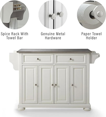 Crosley Furniture Alexandria Stainless Steel Top Rolling Kitchen Island Storage Cart, Spice Rack, White