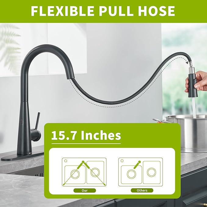 Tohlar Black Touchless Kitchen Faucet with Pull Down Sprayer, Stainless Steel Sensor Kitchen Faucet for Sink 3 Hole, Modern Single Handle Kitchen Sink Faucets with Deck Plate, Matte Black