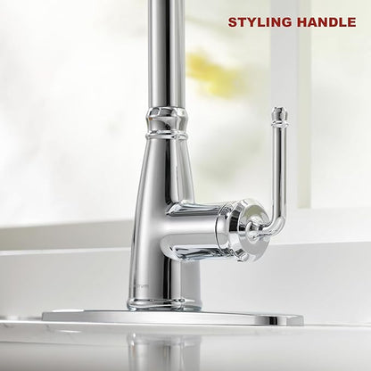 Kitchen Faucet with Pull Down Sprayer, 17 inch Polished Chrome Antique Single Handle Pull Out Kitchen Sink Faucet with Deck Plate for Classic Modern Ktichen