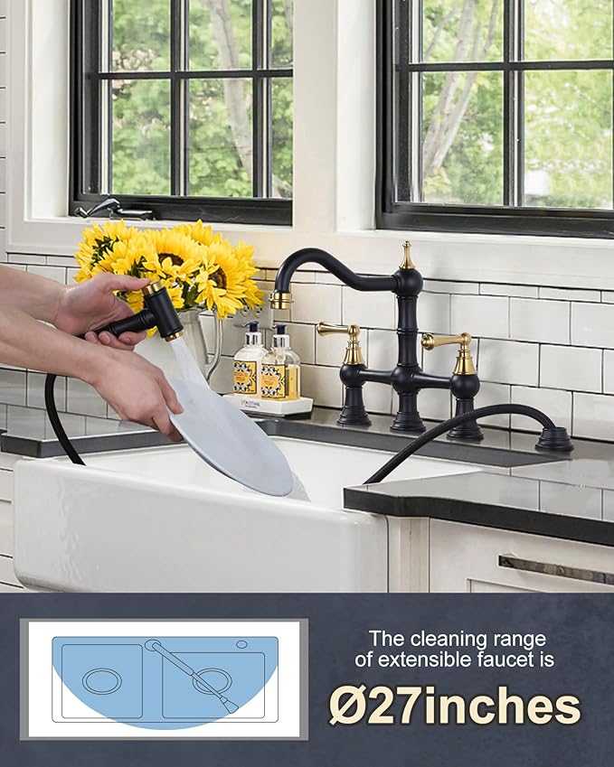 WOWOW Bridge Kitchen Faucet with Side Sprayer, Solid Brass Kitchen Sink Faucet Black and Gold, 4 Hole Two Handle Centerset Mixer Taps Farmhouse Style