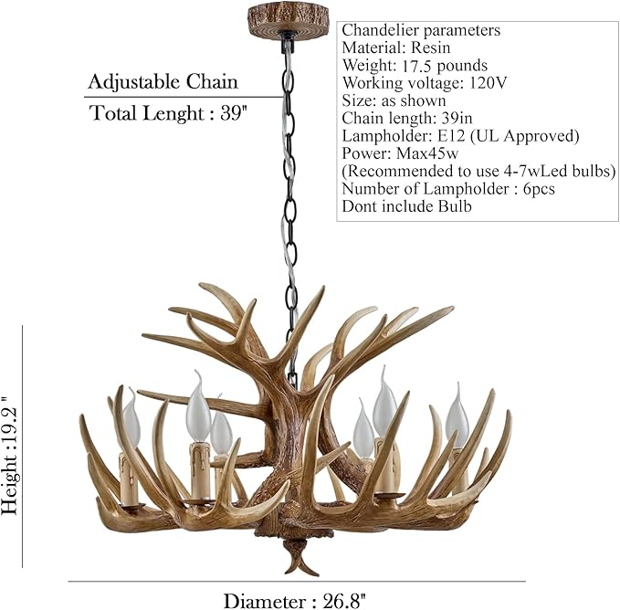 Antler Chandelier 6 Light, Rustic Style Antler Light Fixtures, E12 Base Deer Antler Chandelier Lighting for Home Store Bar (6 lamp arms + 3arm)